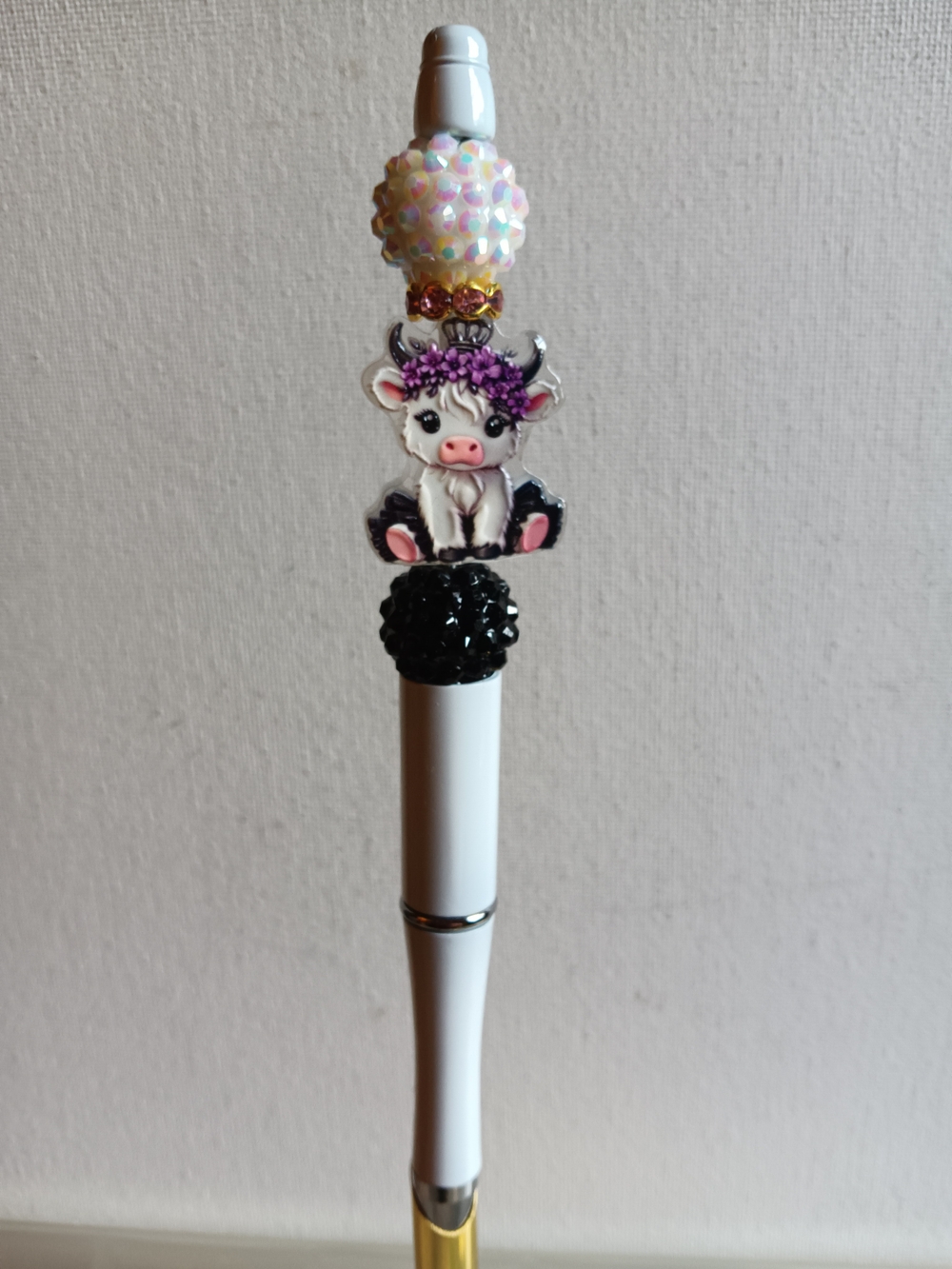 Cute White Cow Beaded Pen - Decorative Pink & Purple Accent